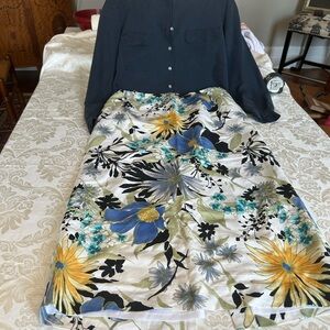 Talbots Floral A-Line  linen Skirt in Cream, Blue & Yellow